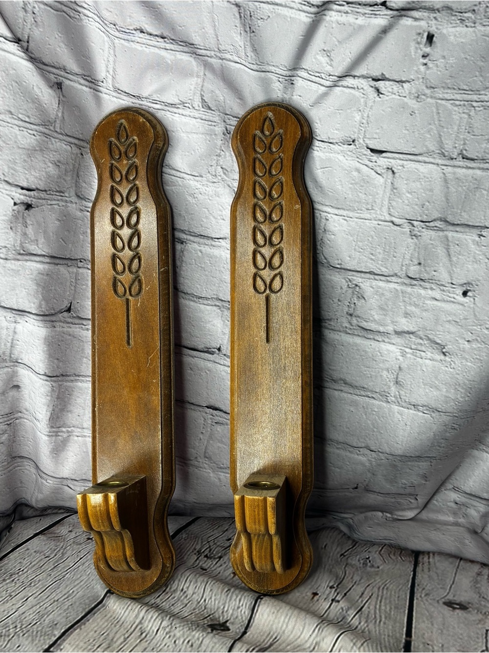 2 Vtg Grandmacore Wood Harvest Wheat Grain Etched Candle Holders Wall Sconces